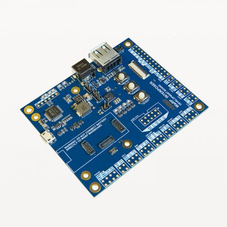 The WaRP Interposer Development Board provides breakout access to interfaces of the WaRP mainboard including a USB serial console, GPIO, UART, SPI, I2C, Electronic Paper Display, USB Host, JTAG and Boot mode selection and more.